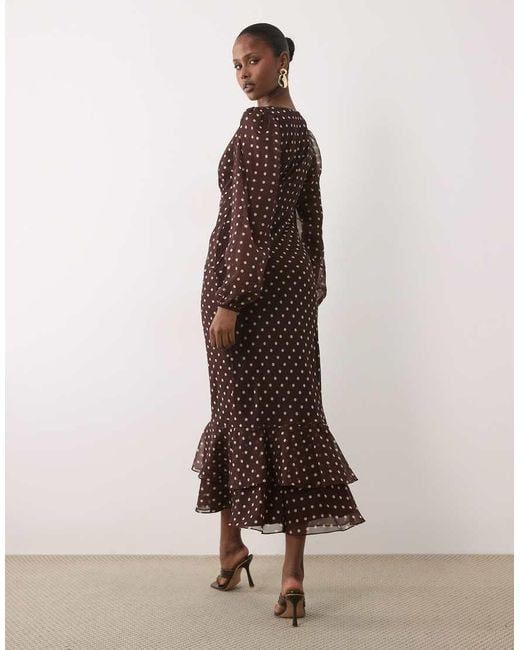LACE & BEADS Brown V Neck Balloon Sleeve Ruffle Hem Maxi Dress