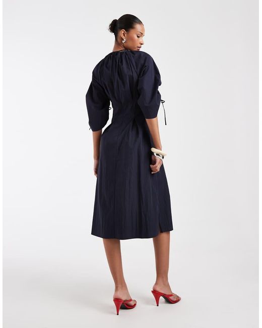& Other Stories Blue Volume Cinch Sleeve Midi Dress