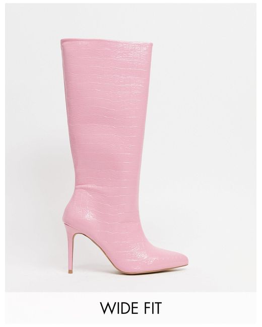 ASOS Wide Fit Claudia Knee High Boots in Pink | Lyst