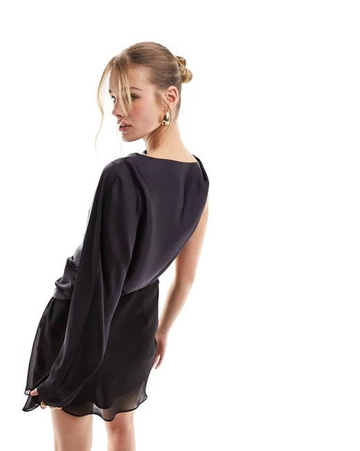ASOS Black Satin Draped One Shoulder Mini Dress With Chiffon Bias Skirt
