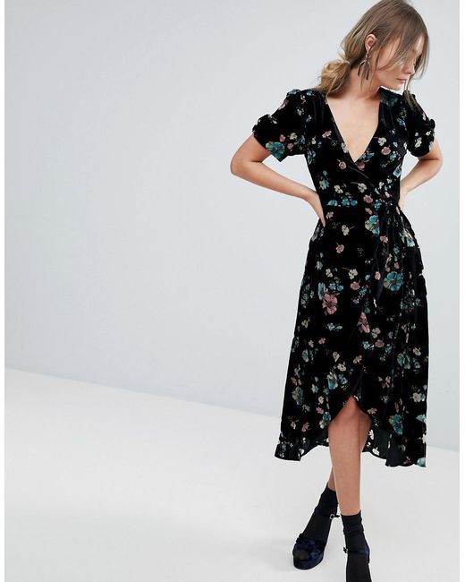 Oasis Black Floral Print Velvet Midi Wrap Dress