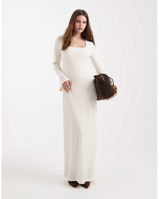 4th & Reckless White Ribbed Jersey Square Neck Fluted Sleeves Maxi Dress