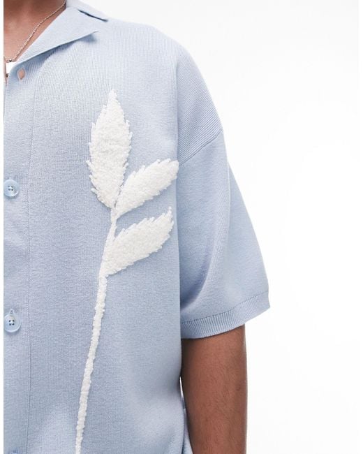 Topman Blue Floral Embroidered Knitted Revere Shirt for men