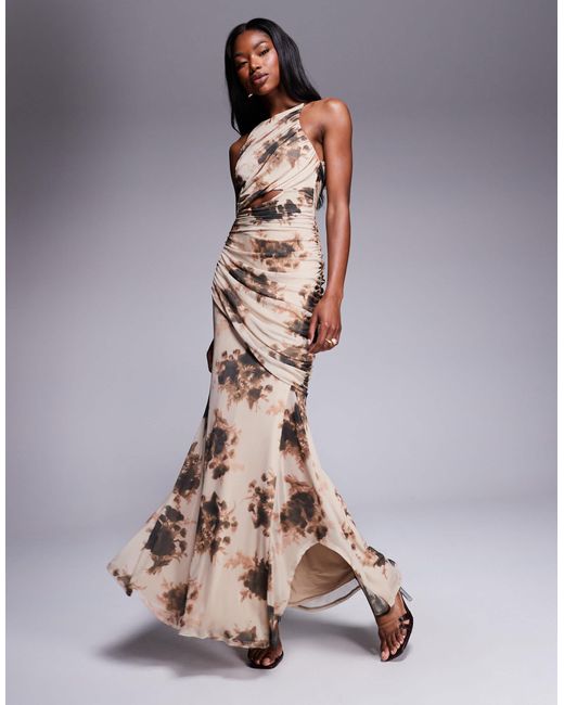 ASOS Multicolor – neckholder-maxikleid mit eckigem ausschnitt, asymmetrischer raffung und abstraktem blumenmuster