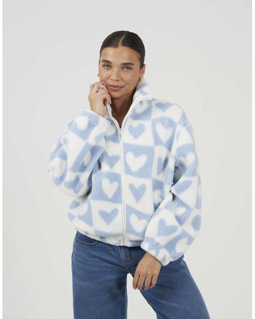 Brave Soul White Heart Print Zip Through Sherpa Fleece