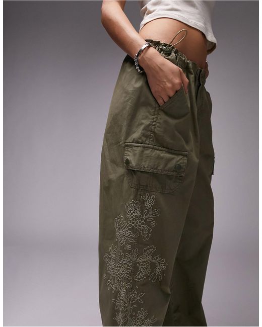 TOPSHOP Embroidered Parachute Balloon Low Rise Cargo Trousers in Green |  Lyst