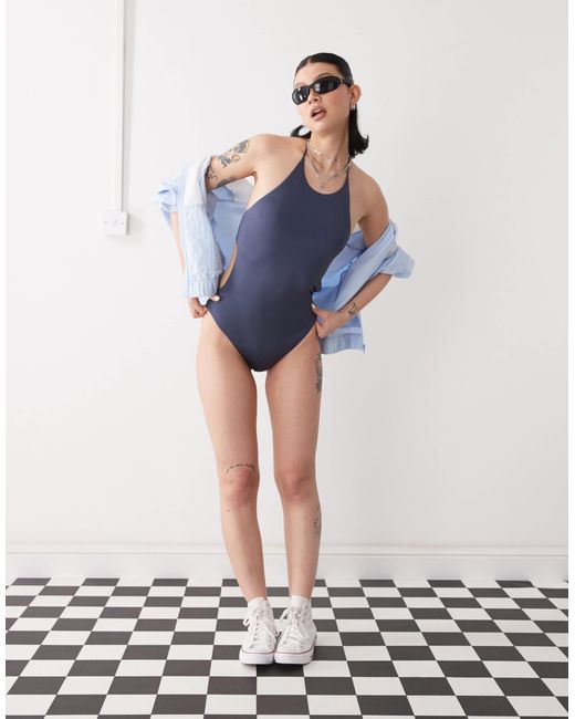 Weekday Blue Halter Neck Shiny Swimsuit With Open Back Tie Detail