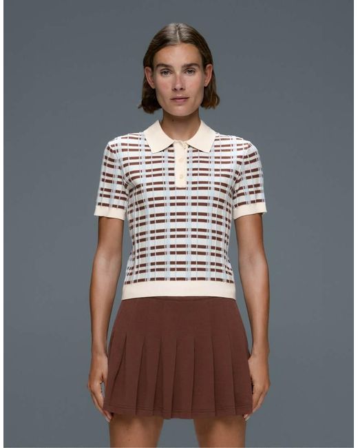 Oysho White Short-sleeved Check Knit Polo Shirt