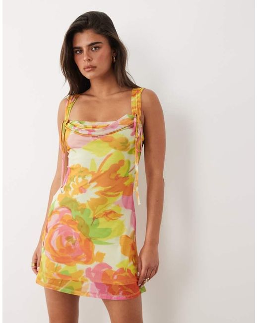 ASOS Multicolor Mesh Square Neck Mini Dress With Soft Cowl And Tie Detail