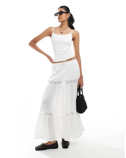 Bershka White Lace Embriodered Tiered Maxi Skirt