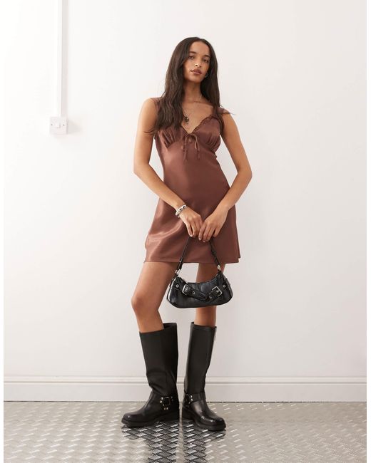 Reclaimed (vintage) Brown Satin Mini Dress With Lace Trims
