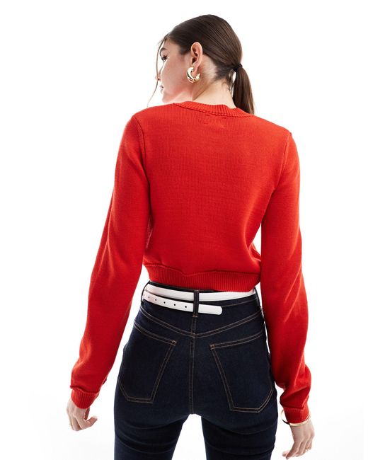 ASOS Red Crew Neck Cropped Cardigan With Pocket
