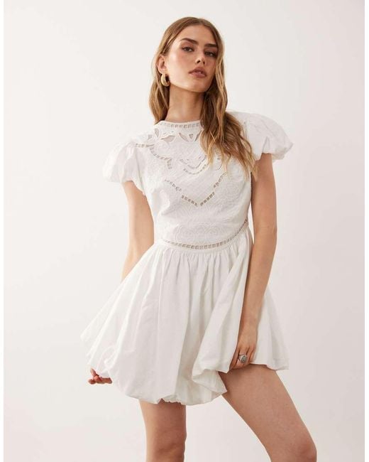 ASOS Natural Puff Mini Dress With Cutwork Embroidery