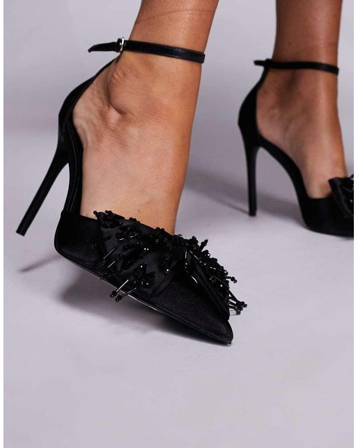 Public Desire Black Verde Heeled Shoes With Bow Detailing