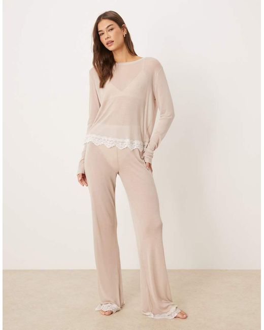 ASOS Natural Honey Mix & Match Sheer Slinky Longsleeve Pyjama Top With Lace Trim