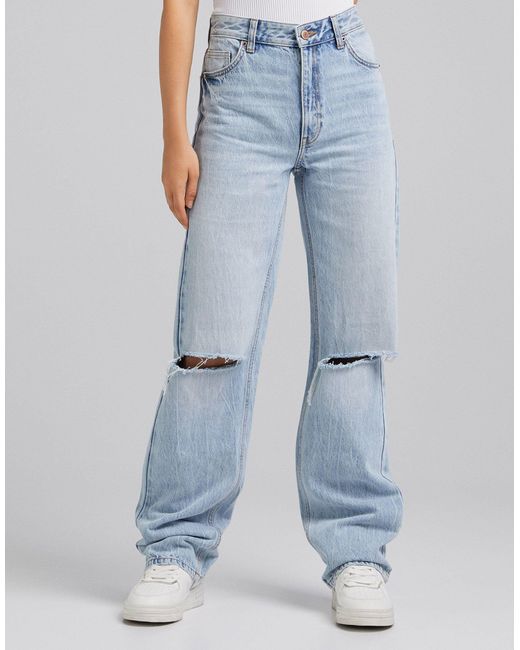 Bershka Denim Dad Jean With Rip Detail in Blue | Lyst