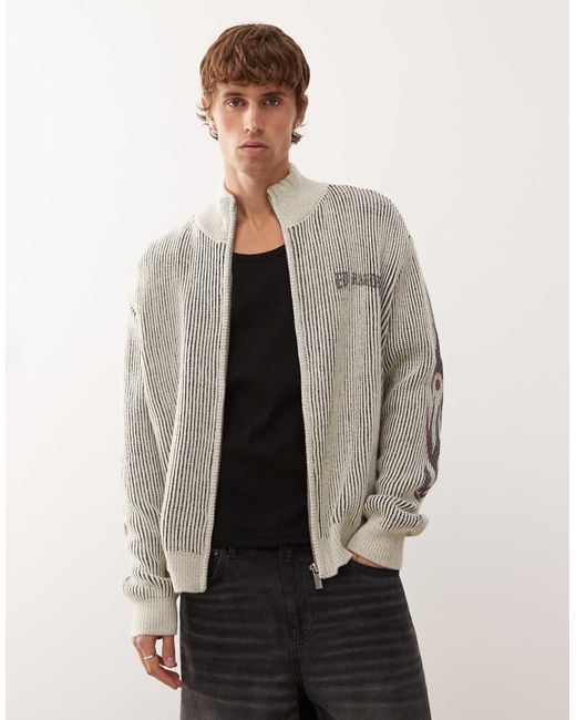 Ed Hardy Gray Life Before Honor Fur Detail Knitted Zip Through Jacket for men