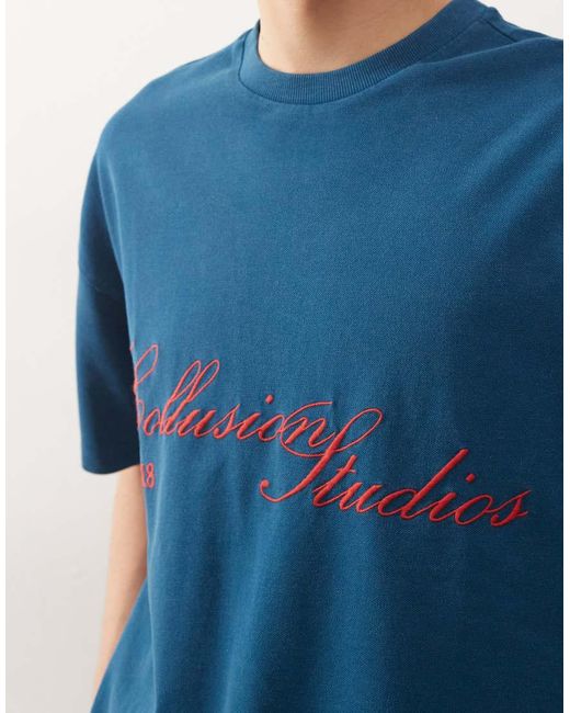 Collusion Blue Washed Premium Embroidered Pique T-Shirt