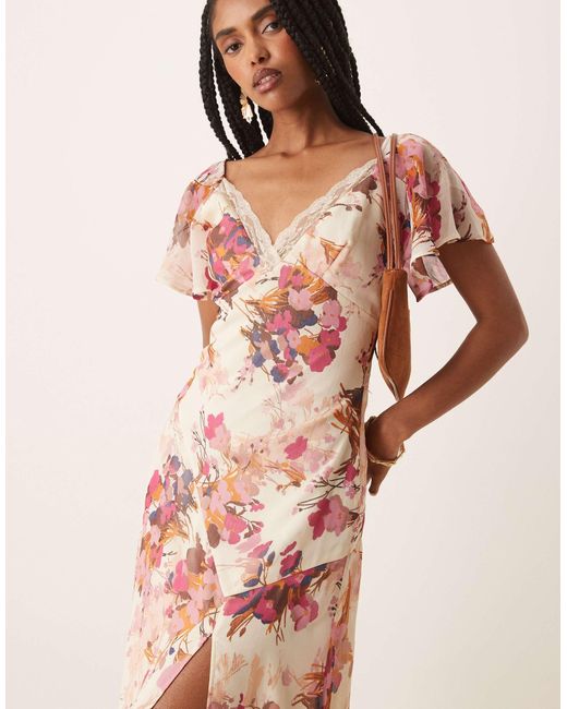 ASOS Natural Lace Insert Chiffon Midi Tea Dress
