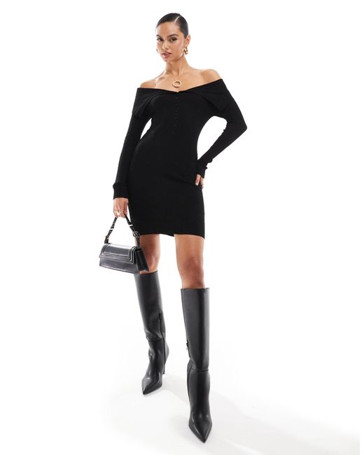 Stradivarius Black – schulterfreies mini-strickkleid