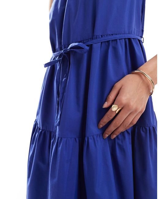 French Connection Blue High Neck Tiered Poplin Midaxi Dress