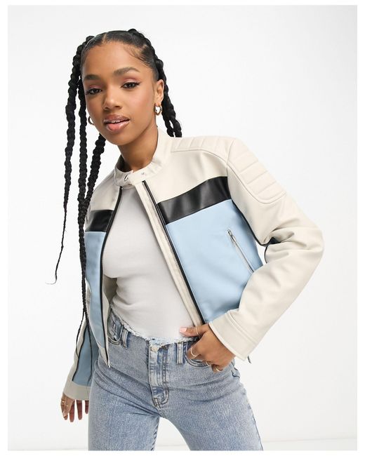 Stradivarius Faux Leather Moto Miami Biker Jacket in Blue Lyst