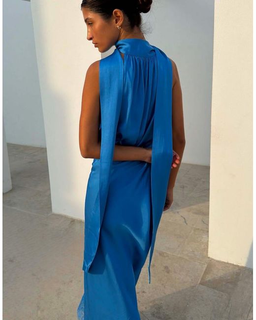 Never Fully Dressed Blue Satin Plunge V Neck Scarf Detail Top