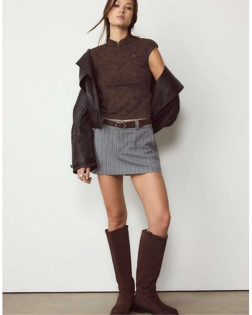 Stradivarius Brown Qipao Inspired T-Shirt With Mandarin Collar