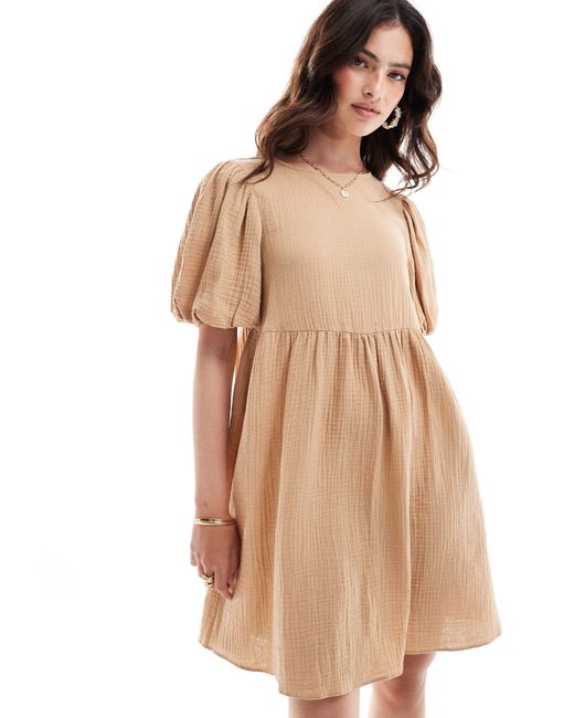ASOS Natural Double Cloth Mini Smock Dress With Puff Ball Sleeves