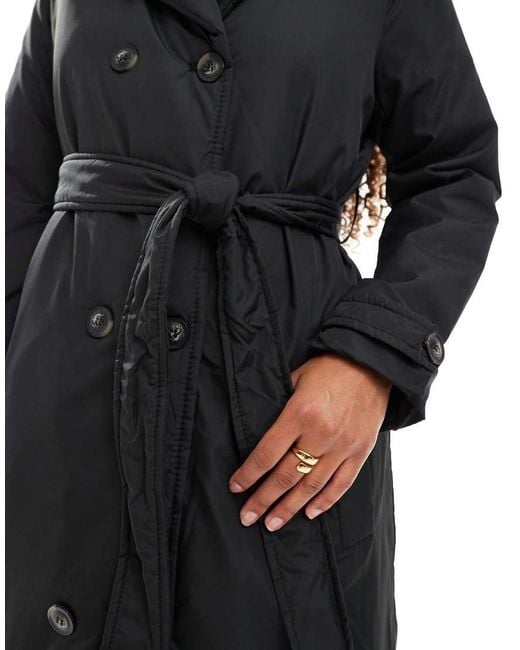 Brave Soul Black Long Double Breasted Padded Coat With Belt