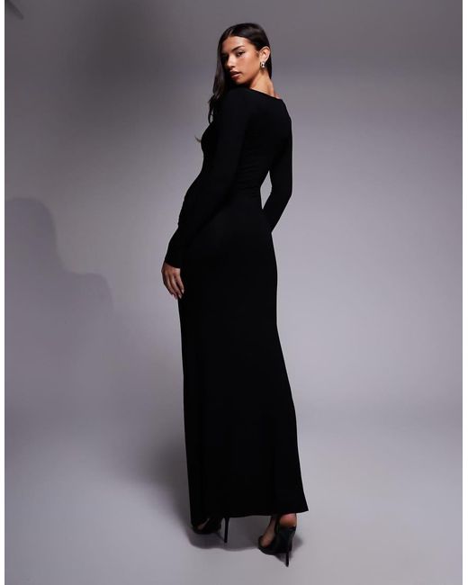 ASOS Black Long Sleeve Deep Plunge Maxi Dress With V-Bar Trim
