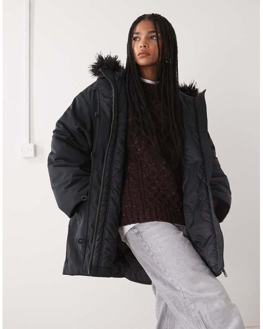 Weekday Black Oversized Parka Coat With Detachable Faux Fur Detail