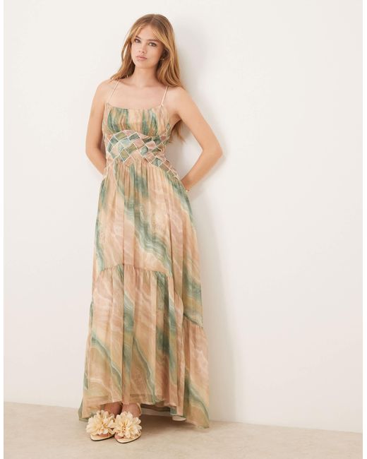 ASOS Natural Ruched Bust Cami Maxi Dress With Lattice Waist Detail