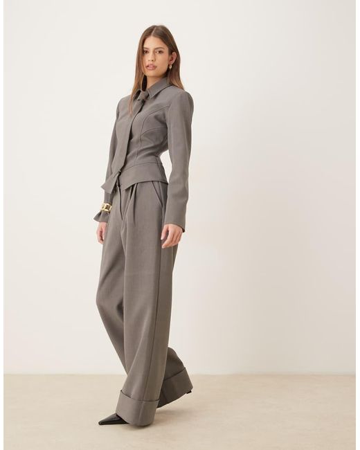 Wanderdoll Natural Exclusive Gabriella Turned Up Tailored Wide Leg Trousers Co-Ord