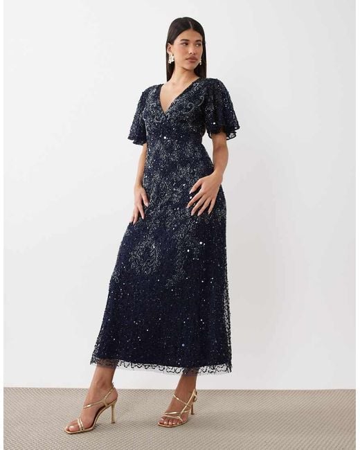 Beauut Blue Embellished V Neck Wrap Flutter Sleeve Maxi Dress