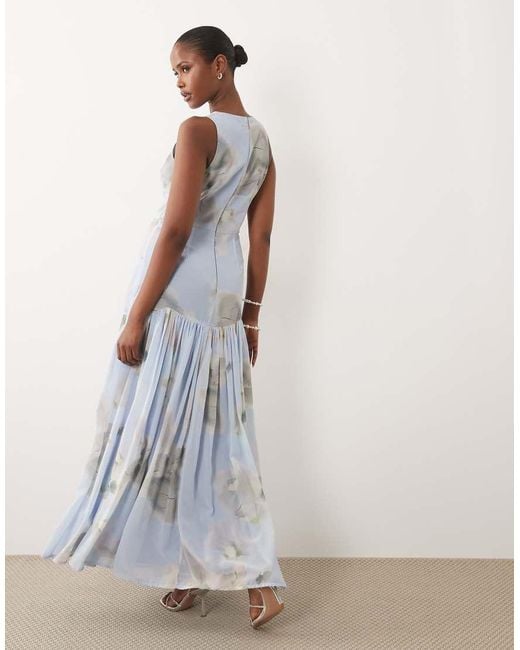 LACE & BEADS White Chiffon Sleeveless Drop Waist Full Skirt Maxi Dress