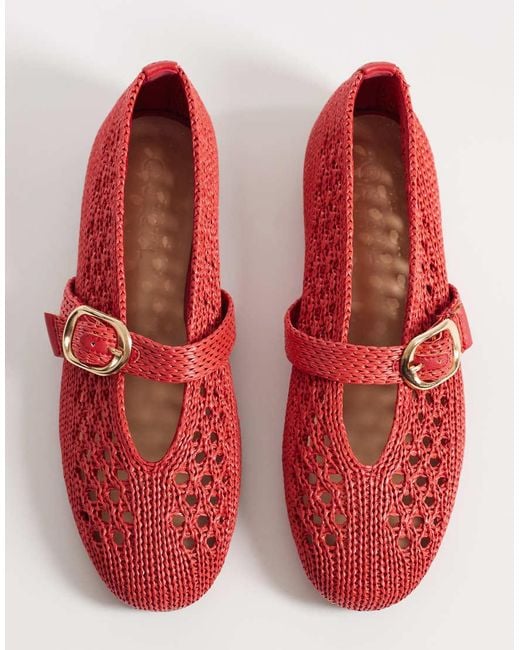 SEQWL Red Woven Ballet Flats With Buckle Detail