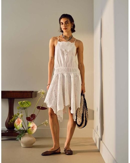TOPSHOP Natural Heavy Embroidered Hanky Hem Mini Dress