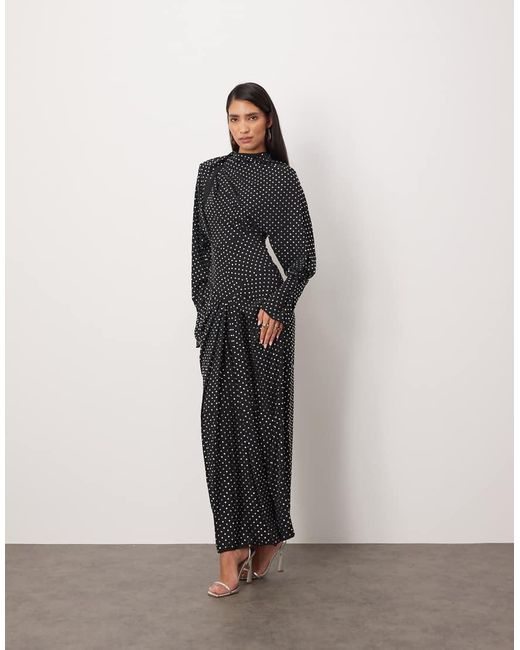 ARRANGE Black Rhinestone Embellished Drape Neck Strong Shoulder Maxi Dress With Open Back