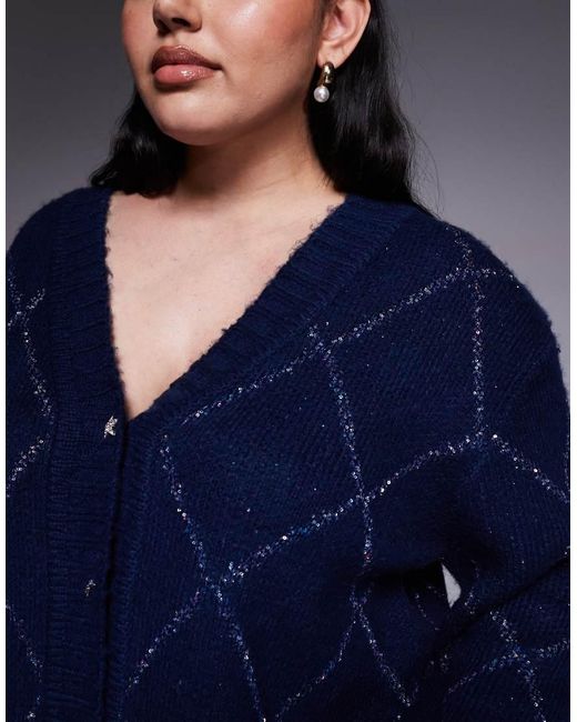 Renee Studio Blue Fluffy Knit Tinsel Argyle Detail Star Button Cardigan