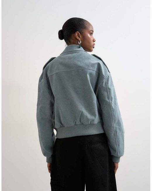 TOPSHOP Blue Faux Suede Zip Through Jacket With Patch Pockets