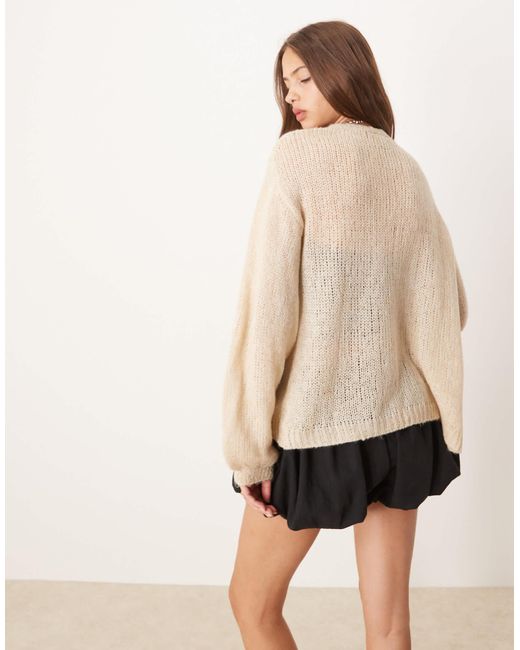 ASOS Natural Fluffy Knit Cardigan With Balloon Sleeve