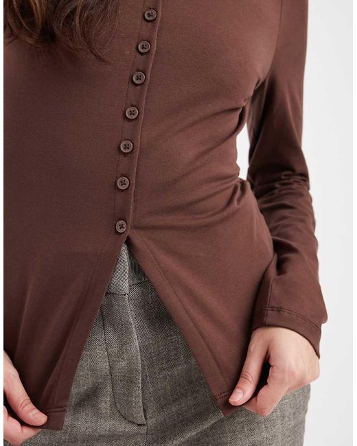 ASOS Brown Cotton Button Through Long Sleeve Top