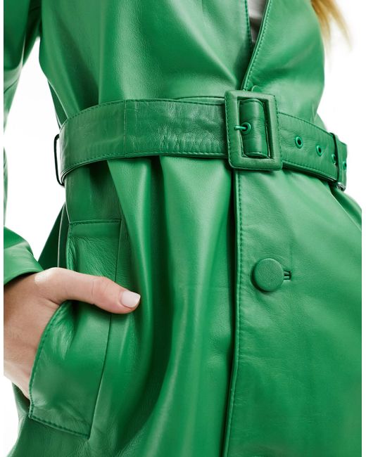 Muubaa Green Button Down Leather Trench Coat