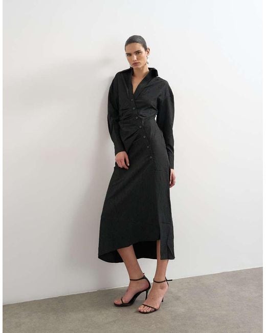 TOPSHOP Blue Open Collar Ruched Long Sleeve Midi Shirt Dress