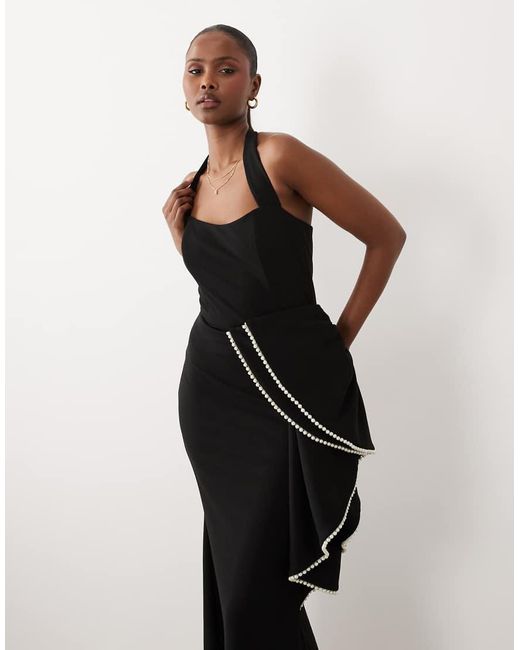 ASOS Black Premium Crepe Halter Maxi Dress With Pearl Embellished Oversized Bow