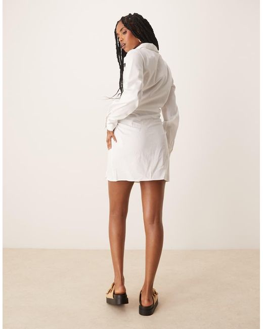 ASOS Natural Cotton Ruched Waist Shirt Mini Dress With Flared Sleeve