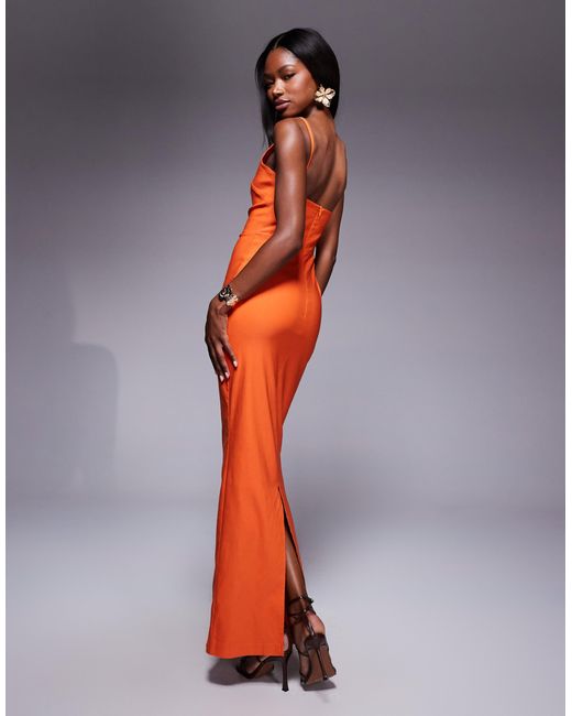 Vesper Orange Bengaline High Neck Open Back Maxi Dress