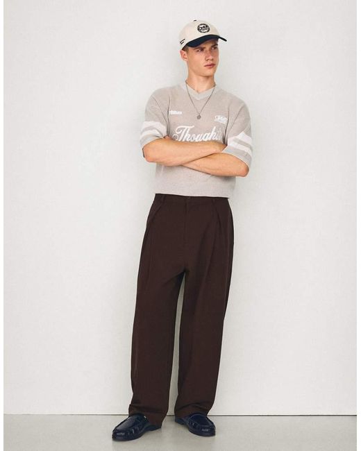 Bershka Brown Pleated Baggy Trousers for men