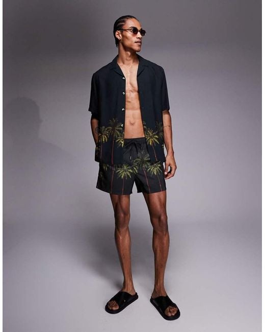 ASOS Blue Co-ord Relaxed Revere Shirt With Palm Tree Placement Print for men
